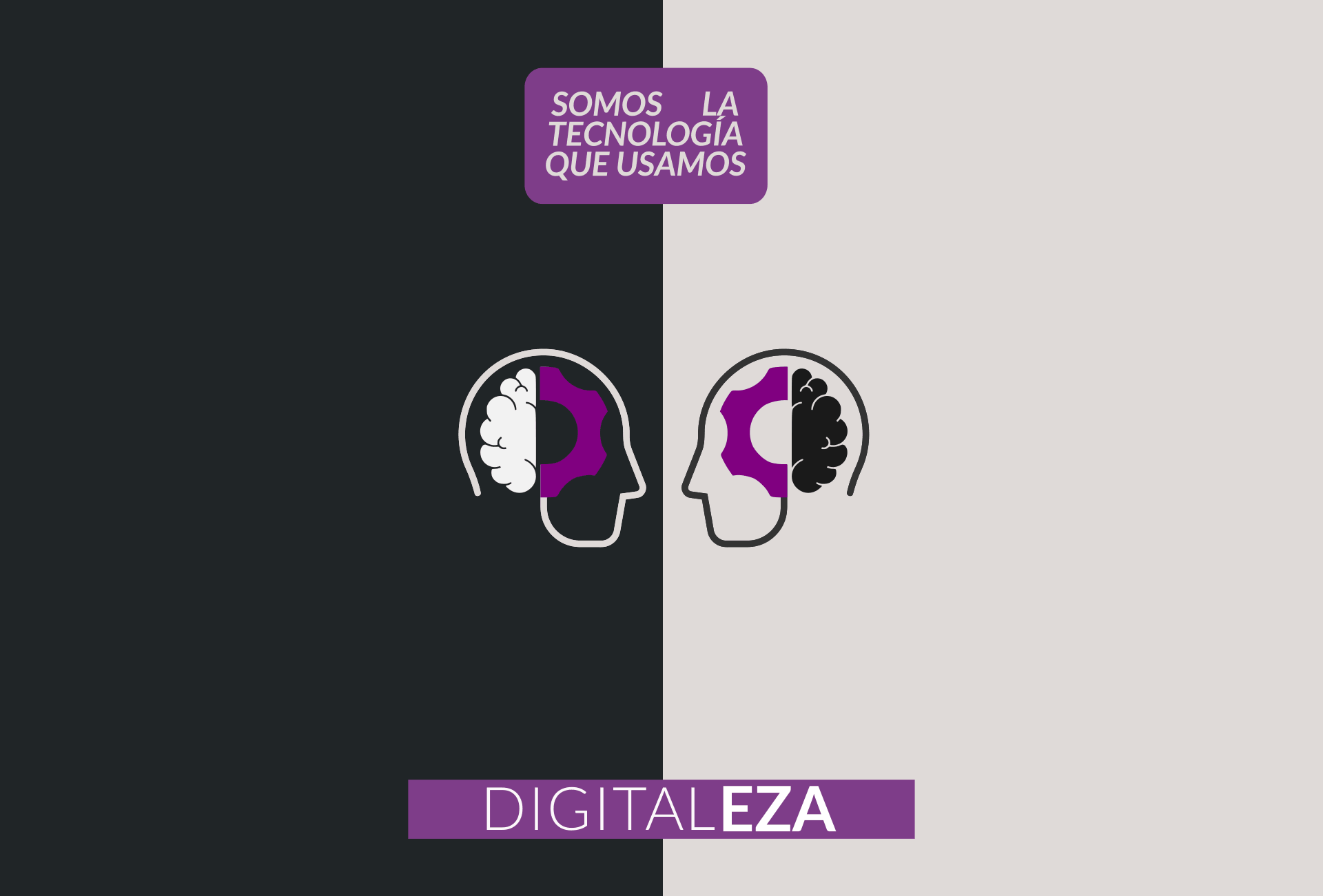 Portada de somos la tecnología que usamos con dos rostros espejados representando un hemisferio tecnológico y otro biológico